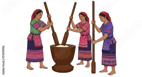 Three women using pestles to grind rice in a mortar