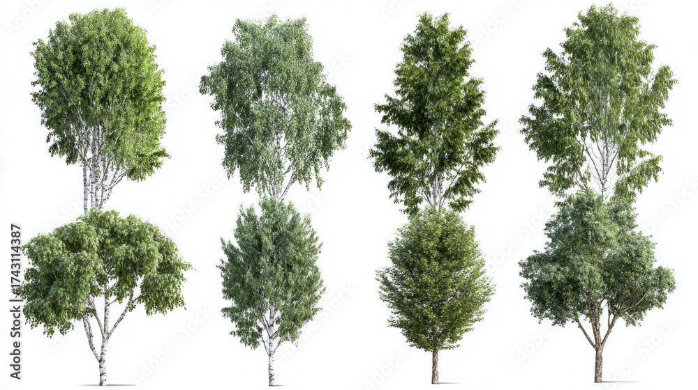Fototapeta premium Collection of detailed 3D birch trees with lush green leaves, clean transparent background, realistic rendering for garden design scenes