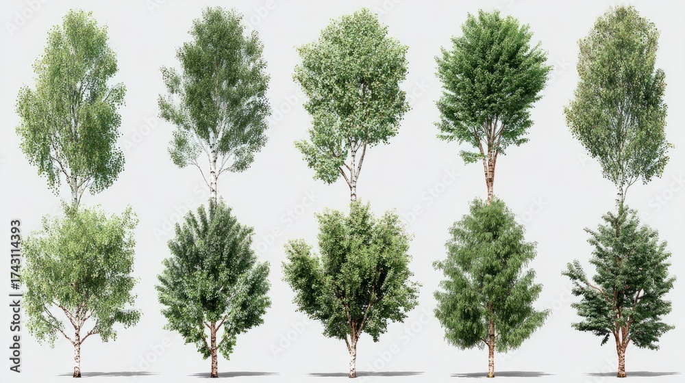 Fototapeta premium Collection of detailed 3D birch trees with lush green leaves, clean transparent background, realistic rendering for garden design scenes