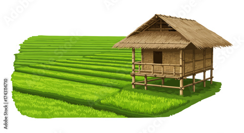 Thatched hut elevated above vibrant terraced rice paddies