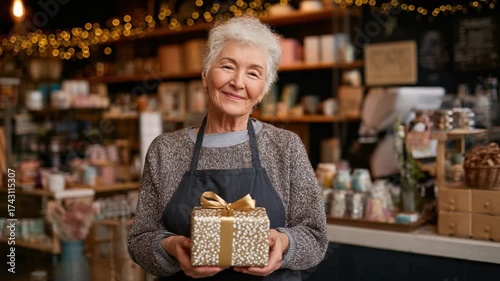 Small Business Gift: A friendly proprietor, in her business, proudly presents a beautifully wrapped gift, symbolizing the spirit of generosity and hospitality, and a warm inviting atmosphere.