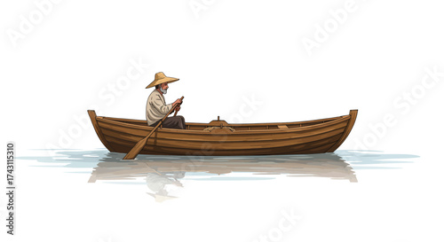 Man rowing a wooden boat with a straw hat on the water Reflection visible