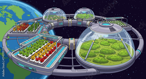 Space Station Greenhouse Cultivating Plants in Orbit with Earth in Background.