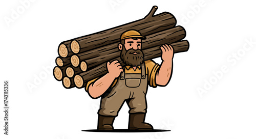 Cartoon lumberjack carries logs wearing a hat beard overalls and boots