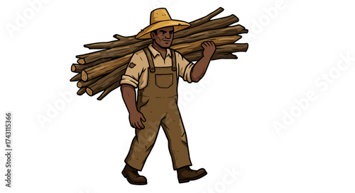 A farmer carries logs on his shoulder while wearing overalls and a straw hat