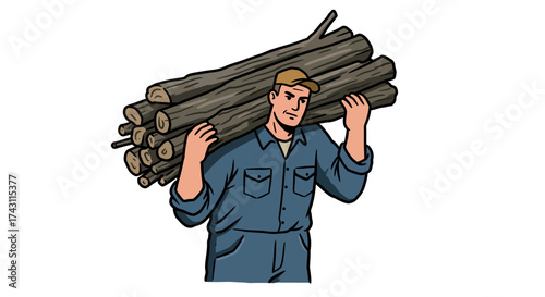 A man with a cap is carrying a load of logs on his shoulders