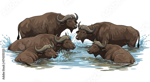 A group of five brown buffalo standing and partially submerged in water