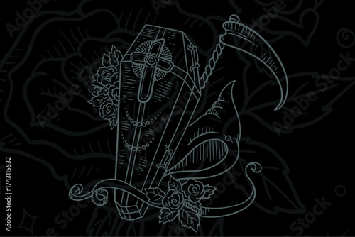 Detailed illustration of a coffin with floral elements and a scythe on a dark background