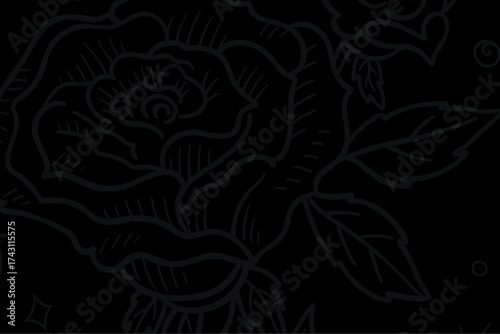 Black background featuring intricate line art of blooming roses with leaves and geometric accents highlighting floral design