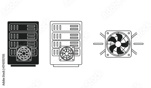 Server rack with cooling fan icons in black and white line art computer server ventilation