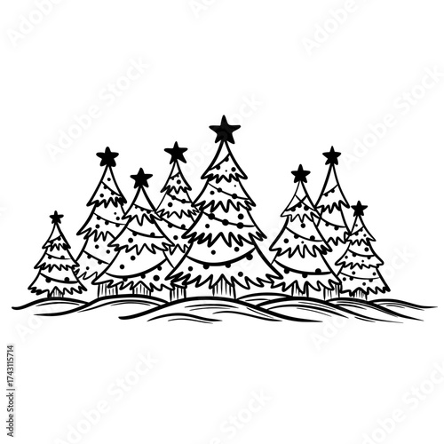 Christmas Forest Line Drawing with Stars