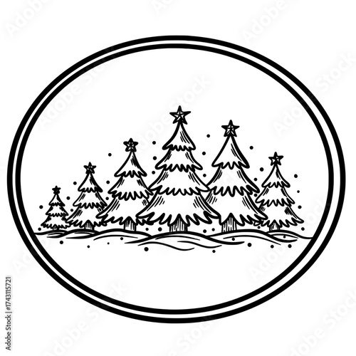 Christmas Forest Line Art in Circle Frame