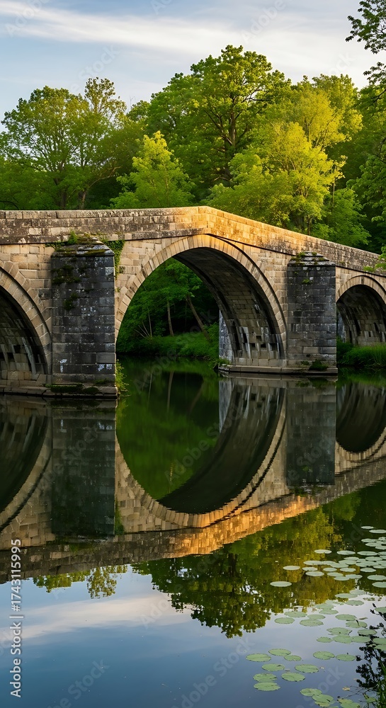 Fototapeta premium Ancient Stone Bridge Reflecting in Calm River.