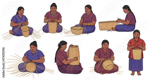 A group of indigenous women is shown weaving baskets in different stages