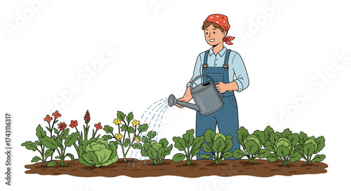 Woman watering garden wearing overalls  bandana with flowering plants and cabbage in a brown soil bed
