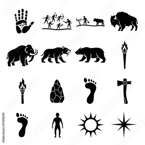 Stone Age Icons - Cavemen, Animals, and Tools in Silhouette.