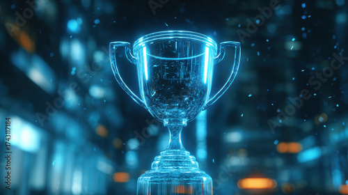 Glowing holographic trophy floating mid air in futuristic city, digital blue light, night, celebration