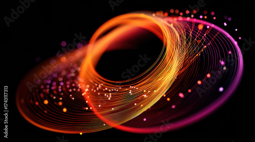Abstract glowing network spiral with vibrant orange and pink light trails on black background, dynamic and energetic