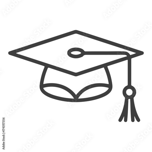 Simple black outline of a graduation cap with a tassel in a clean minimalist silhouette style