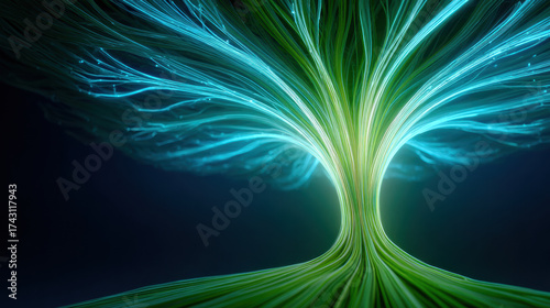 Glowing abstract tree with financial data lines branching, vibrant blue and green light, futuristic energy