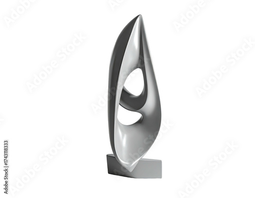 A stylized, flowing, silver sculpture with organic shapes and a small pedestal