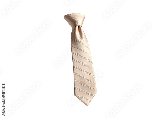 Silk necktie, light tan with blue-grey stripes, against a black background