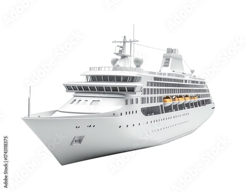 Pristine white cruise ship, rendered on a black background, appears to float