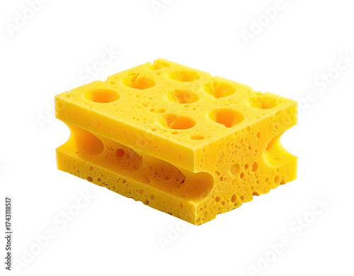 A yellow sponge with holes, cut to look like a block of Swiss cheese