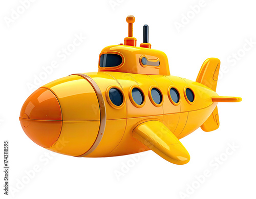 A vibrant yellow, cartoonish submarine with portholes and a radar mast