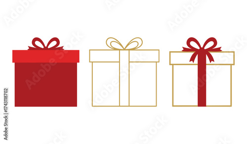 A set of three gift boxes red and gold outlines on white background present ribbon