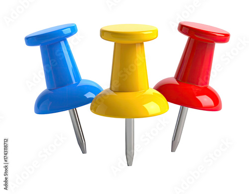 Three vibrant pushpins, blue, yellow, and red, isolated on a black background