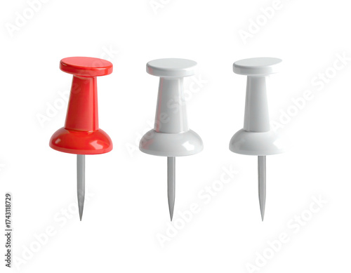 Three push pins on a dark background, one red, two white, showing details