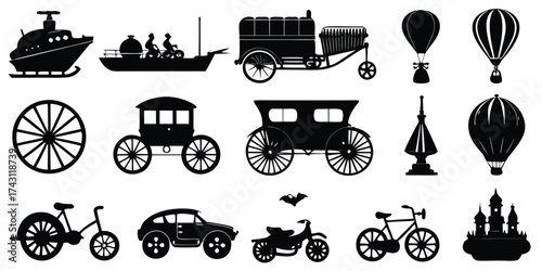Collection of silhouette icons representing vintage and modern transportation methods