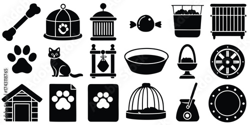 Collection of pet accessories and supplies icons in black silhouette style