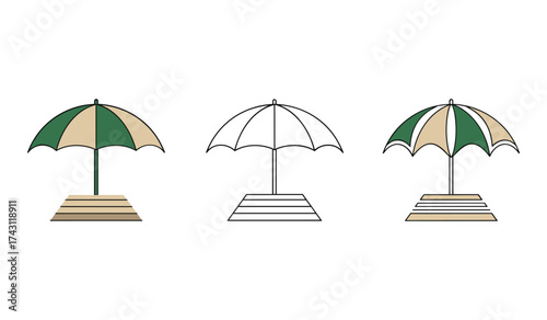 A set of three beach umbrellas one colored one outline one colored and outlined sunshade parasol
