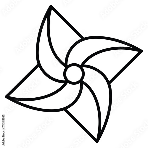 Simple black and white outline of a four petal flower or pinwheel design