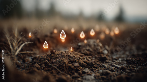 Soil moisture sensor close up in field, glowing water drops, smart agriculture, technology, environmental monitoring