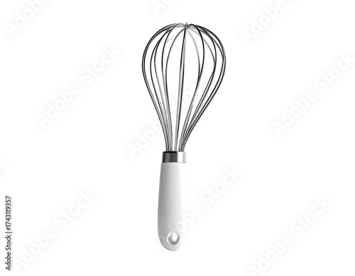 Close-up shot of a stainless steel whisk with a white handle, isolated