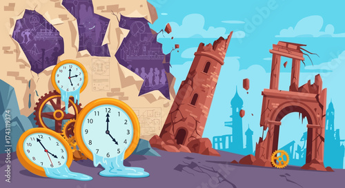 Surreal Time Distortion with Melting Clocks and Ruined Architecture.