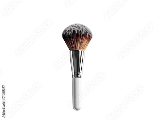 A single makeup brush, bristles dusted with powder, set against a black background