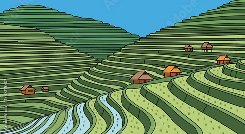 Terraced Rice Fields in a Mountainous Landscape.