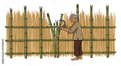 A barefoot elder uses a sickle to repair a bamboo fence in an outdoor setting