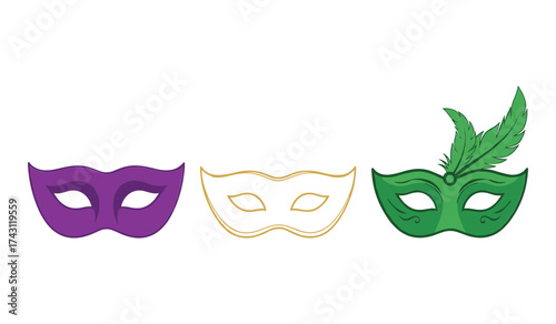 A set of three Mardi Gras masks purple gold green with feather vector