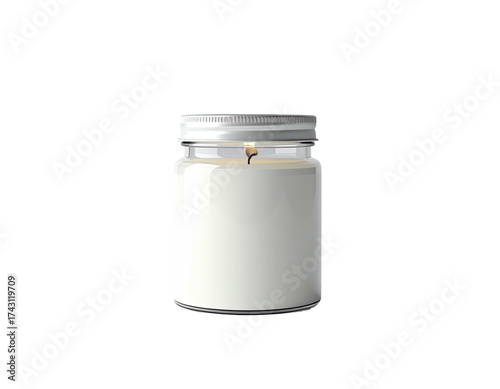 A lit, white candle in a clear jar with a silver lid, isolated against black