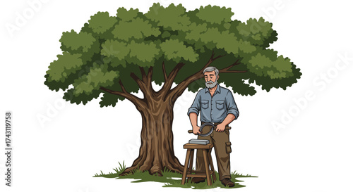 An older man sharpens a tool at a workbench under a large leafy tree