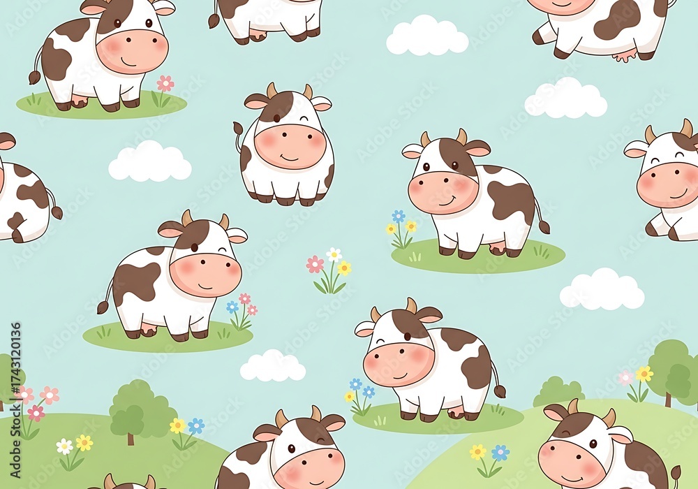 Obraz premium Cute Cartoon Cow Pattern on Light Blue Background.