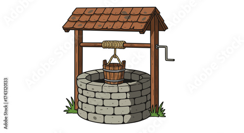 A stone well with a wooden roof bucket and crank surrounded by grass