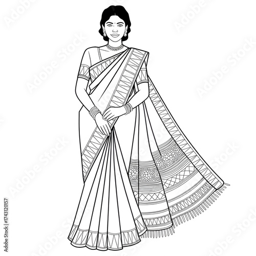 saree illustration vector style coloring page 