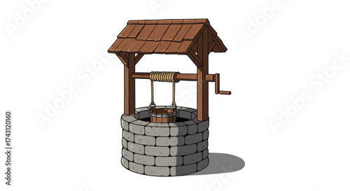 A well sits with a stone base wooden roof bucket and crank handle casting a shadow on a white background