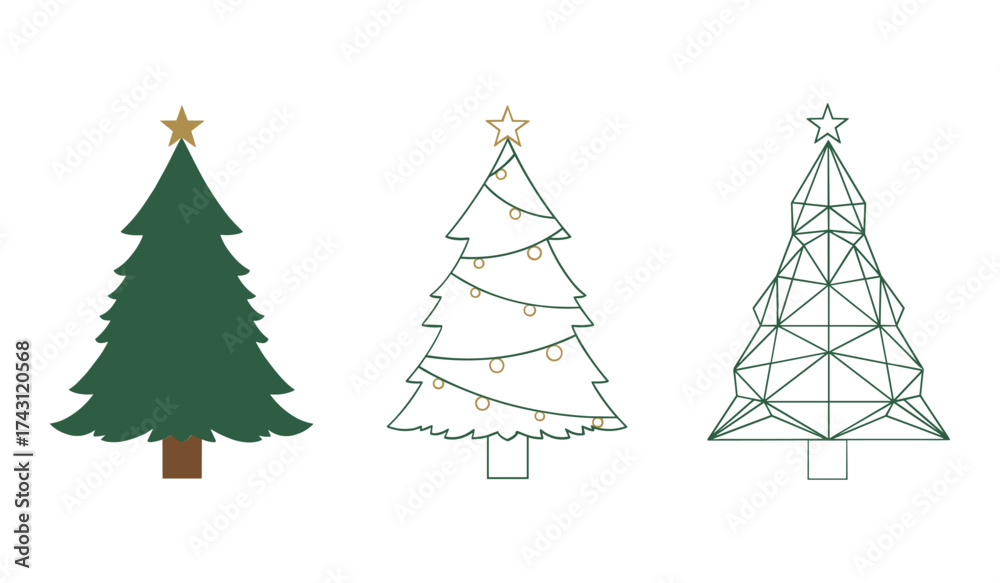 Obraz premium A set of three stylized green Christmas trees with gold stars on white background holiday